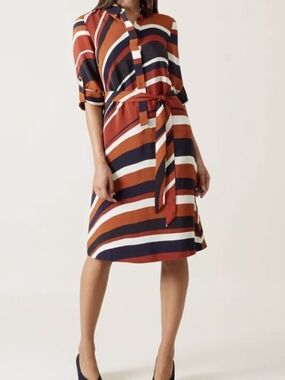 Hobbs London Striped Midi Shirt Dress with Tie Belt in Rust Multi